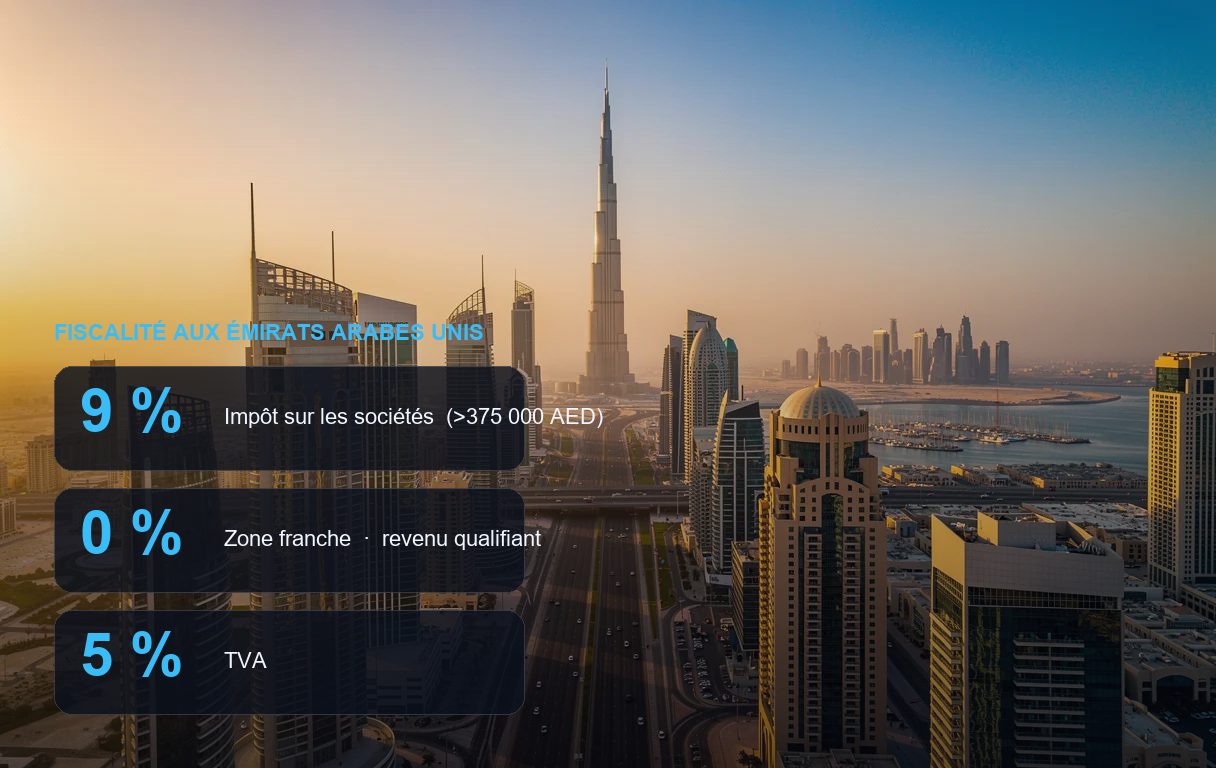 Skyline de Dubaï avec les principaux taux d'imposition aux Émirats arabes unis