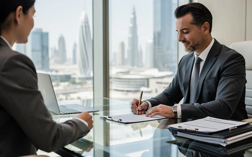 Entrepreneur signant les documents d'ouverture d'un compte bancaire professionnel à Dubaï