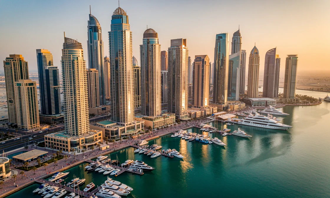 Skyline de Dubaï et la marina au coucher du soleil