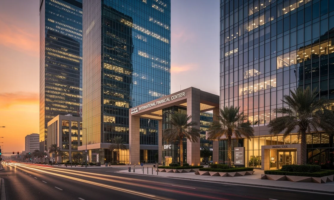 Vue du quartier d'affaires DIFC à Dubaï avec ses tours de bureaux au coucher du soleil