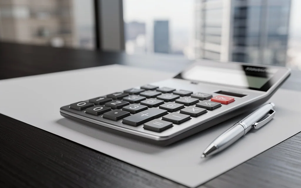 Calculatrice et documents fiscaux posés sur un bureau devant la skyline de Dubaï
