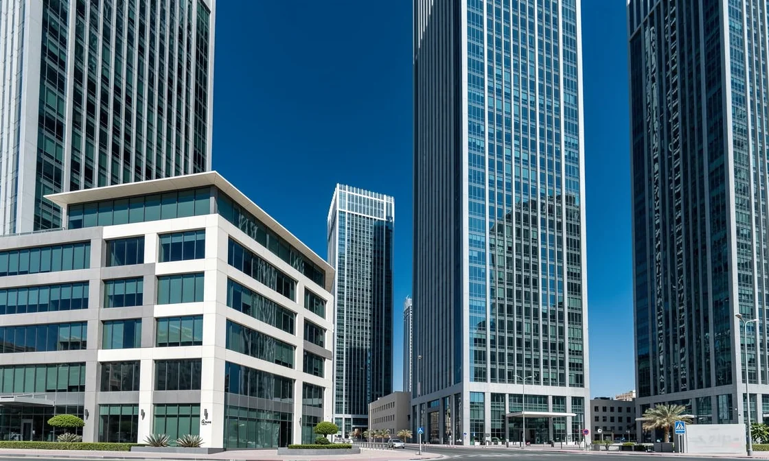 Tours de bureaux du quartier d'affaires de Dubaï au coucher du soleil